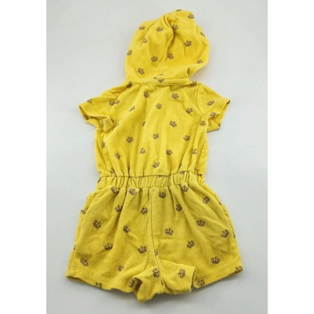 Juicy Couture Baby Girl Zip Front Hooded Romper Terry Cloth Yellow Crowns Sz 18M
